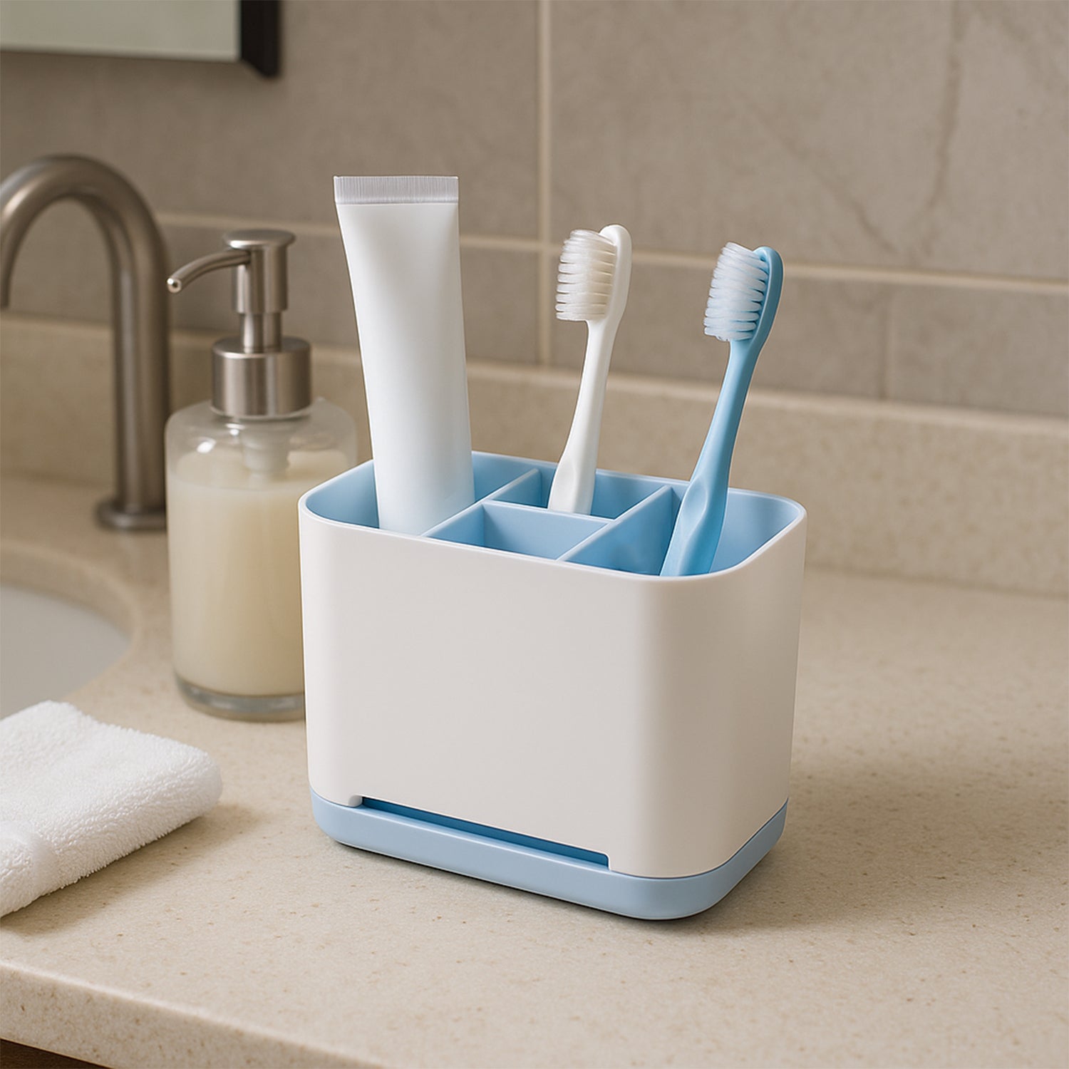 6 Compartment Multi Purpose Organizer Toothbrush Holder Stand Plastic Caddy (1 Pc) 6 Compartment Multi Purpose Organizer Toothbrush Holder Stand Plastic Caddy (1 Pc)